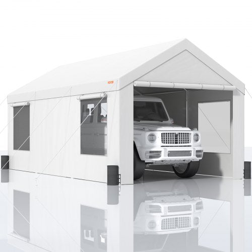 White 10x20ft heavy-duty carport with metal frame, removable sidewalls, and ventilation windows.