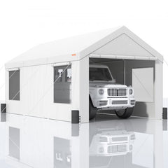 White 10x20ft heavy-duty carport with metal frame, removable sidewalls, and ventilation windows.
