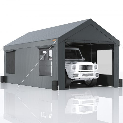 Heavy-duty dark gray carport measuring 12x20ft with removable sidewalls and ventilation windows.