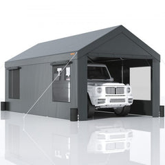 Heavy-duty dark gray carport measuring 12x20ft with removable sidewalls and ventilation windows.