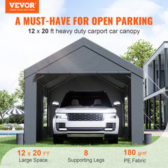 Heavy-duty dark gray carport measuring 12x20ft with removable sidewalls and ventilation windows.