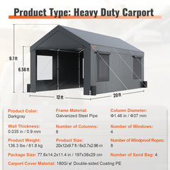 Heavy-duty dark gray carport measuring 12x20ft with removable sidewalls and ventilation windows.