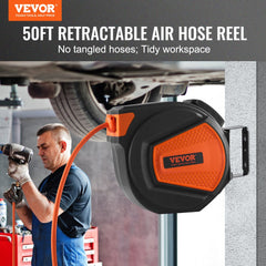 Bostome retractable air hose reel with 50ft hose, wall mount, and swivel bracket for easy access.