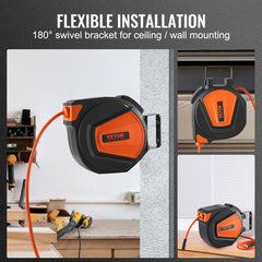 Retractable air hose reel with 50ft hybrid hose, wall mount, and auto rewind feature.
