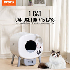 Gray self-cleaning cat litter box with odor control and app connectivity features.