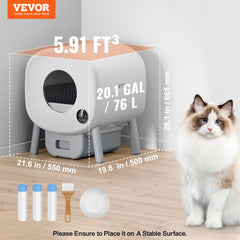 Gray self-cleaning cat litter box with odor control and app connectivity features.