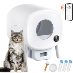 Gray self-cleaning cat litter box with app control and odor-absorbing design.