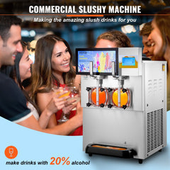 Stainless steel slushy machine with two 8L bowls for efficient frozen drink preparation.