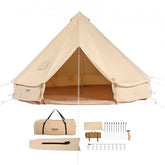 Bostome Canvas Bell Tent with stove jack, detachable wall, and four mesh windows.