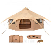 5M canvas bell tent with stove jack, spacious for 8 people, and multiple ventilation options.