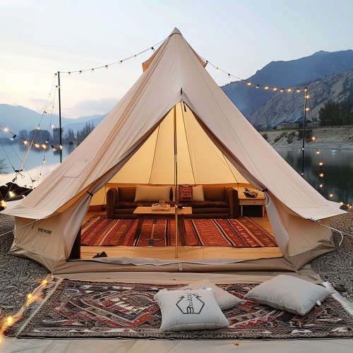 Bostome canvas bell tent for 10-12 people, featuring waterproof fabric and stove jack.