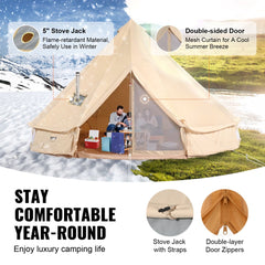 Canvas bell tent for 10-12 people with waterproof fabric and stove jack for heating.