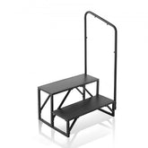Black 2-step RV steps with carbon steel handrail and foldable frame.