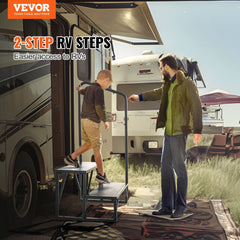 A man and boy use the Bostome 2-step RV steps with carbon steel handrail beside a white RV.