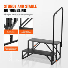 Two-step RV ladder with black carbon steel frame, handrail, and triangular bracing for stability.