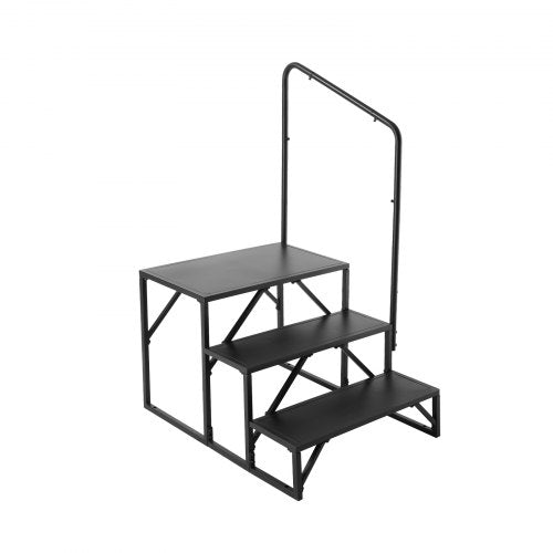 Black 3-step RV stairs with carbon steel handrail and 440 lbs capacity.