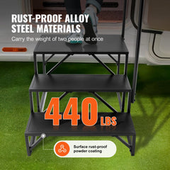3-step black metal RV stairs with handrail and 440 lbs capacity rating.
