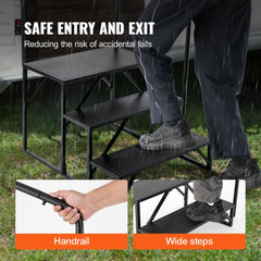 Black 3-step RV stairs with carbon steel handrail and wide steps.
