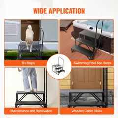 Collage showing 3-step metal RV stairs with handrail in RV, pool, maintenance, and cabin uses.