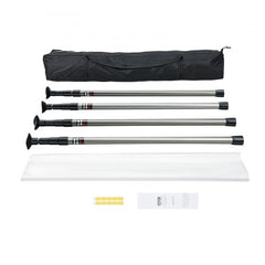 Four adjustable telescoping dust barrier poles with a polyethylene plastic sheet for containment.