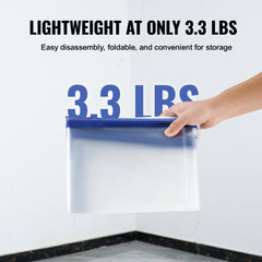 A hand holds a lightweight 8.5 x 5 ft clear plastic dust barrier with magnetic zipper, weighing 3.3 lbs.