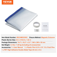 Bostome 8.5 x 5 ft dust barrier door kit with magnetic zipper, plastic film, tape, and manual.