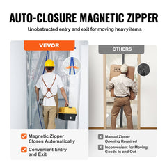 Diagram showing Bostome dust barrier door with magnetic zipper auto-closing versus manual zipper.