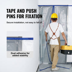 Worker installs 7.5 x 4 ft PE dust barrier door kit using tape, push pins, and magnetic zipper on a door frame.