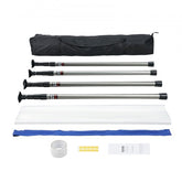Dust barrier system with 4 telescoping poles, plastic film, and carry bag.