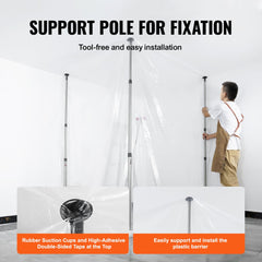 Four telescoping poles with suction cups and double-sided tape support a plastic dust barrier film for easy installation.