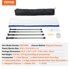 10ft dust barrier system with 4 telescoping poles, plastic film, magnetic zipper, and carry bag.