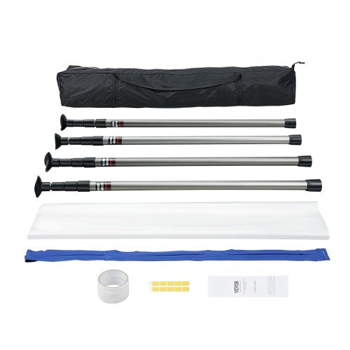 Bostome 12ft dust barrier system with 4 adjustable poles, PE film, tape, and carry bag.