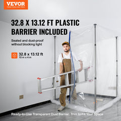 Transparent dust barrier system with four adjustable telescoping poles and magnetic zipper entrance.