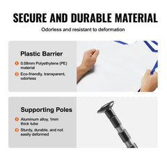 Infographic showing 0.6mm PE plastic barrier and 1mm aluminum alloy telescoping poles for a dust barrier system.