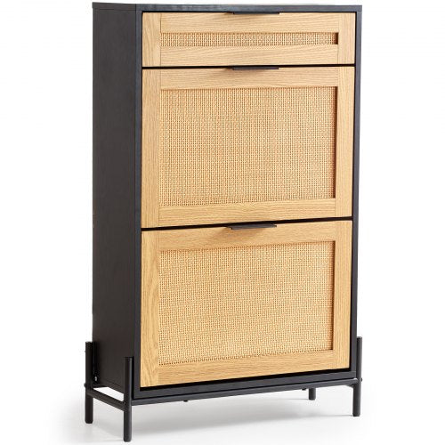 Black rattan shoe cabinet with two flip drawers and one slide drawer on metal legs.
