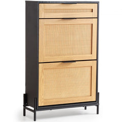 Black rattan shoe cabinet with two flip drawers and one slide drawer on metal legs.