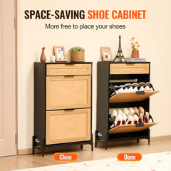 Black Bostome rattan shoe cabinet with 2 flip drawers and 1 slide drawer, shown closed and open.