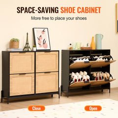 Bostome Rattan Shoe Storage Cabinet with four flip drawers and a rattan finish for shoe organization.