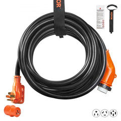 50ft 50A RV power cord with NEMA SS2-50R to 14-50P connectors, coiled with strap.