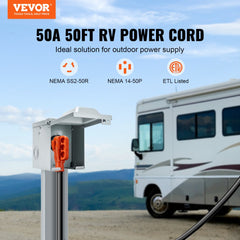 50ft 50A RV power cord with NEMA SS2-50R to 14-50P connectors, connected to a white RV at an outdoor campsite.