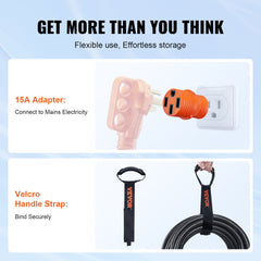 50ft 50A RV power cord with NEMA SS2-50R connector, 14-50P plug, Velcro strap, and 15A adapter.