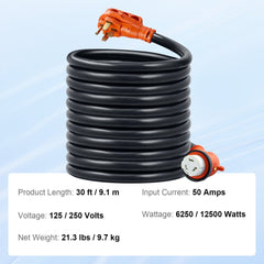 30ft RV power cord with 50A NEMA 14-50P/SS2-50R connectors and LED power indicator.