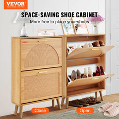 Wooden shoe cabinet with two rattan flip drawers and rubberwood legs in a modern entryway.