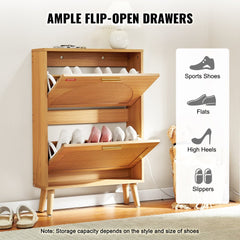 Wooden shoe cabinet with two open flip drawers for storing sports shoes, flats, heels, and slippers.