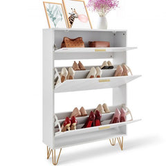 Bostome 3 Flip Drawer Shoe Cabinet with three flip-open drawers in a minimalist white finish.