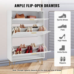 Bostome 3 Flip Drawer Shoe Cabinet in white with three flip-open drawers and aluminum handles.