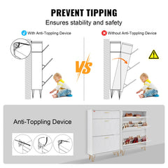 White shoe cabinet with three flip drawers and aluminum handles for organized storage.