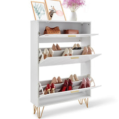 White shoe cabinet with three flip drawers and aluminum alloy handles for organized storage.