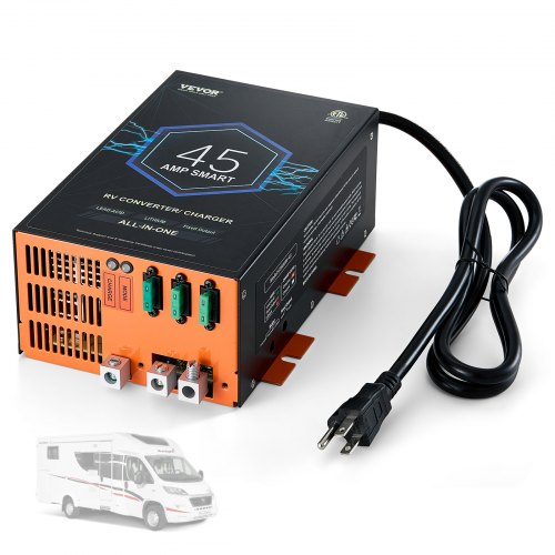 Bostome 45A RV power converter with metal body, cooling fan, and multiple battery support.