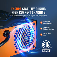 Bostome 45A RV power converter with adjustable voltage and smart cooling fan for battery charging.